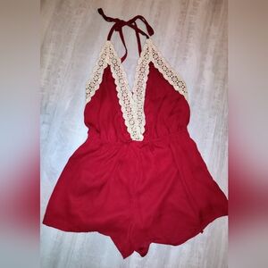 Red Halter Romper with Lace Trim